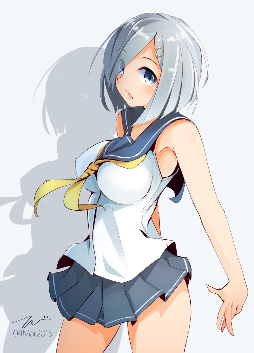 1girl alternate_costume blue_eyes breasts grey_hair hamakaze_(kantai_collection) highres kantai_collection large_breasts school_uniform serafuku skirt sleeveless sleeveless_shirt tagme tbd11