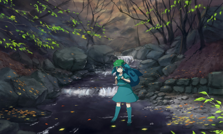 1girl backpack bag blue_eyes blue_hair boots branch dress dress_shirt feet_in_water forest hair_bobbles hair_ornament hat highres kawashiro_nitori key knee_boots leaf mountain nature open_mouth partially_submerged pebble plant puffy_short_sleeves puffy_sleeves river rock rubber_boots sasaj scenery shirt short_hair short_sleeves skirt skirt_set soaking_feet solo stone stream touhou tree_branch twintails wading water white_shirt