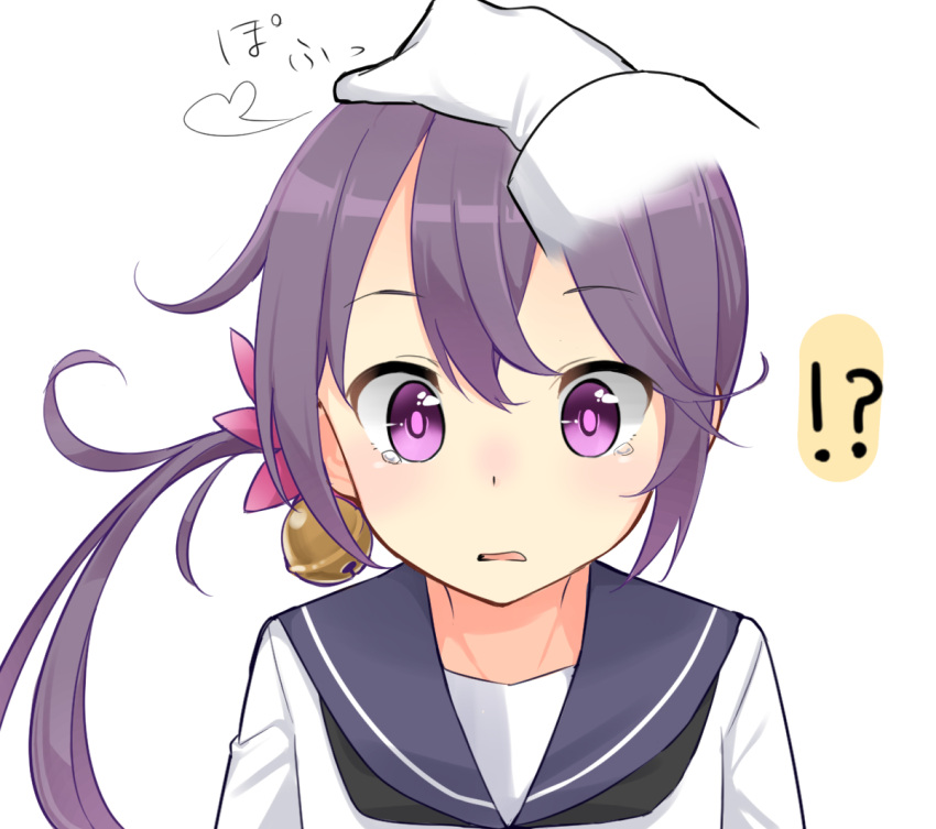 !? 1girl admiral_(kantai_collection) akebono_(kantai_collection) bell flower gloves hair_bell hair_flower hair_ornament jingle_bell kantai_collection max_melon_teitoku neckerchief open_mouth petting sailor_collar school_uniform serafuku side_ponytail simple_background surprised tears upper_body violet_eyes wavy_mouth white_background white_gloves