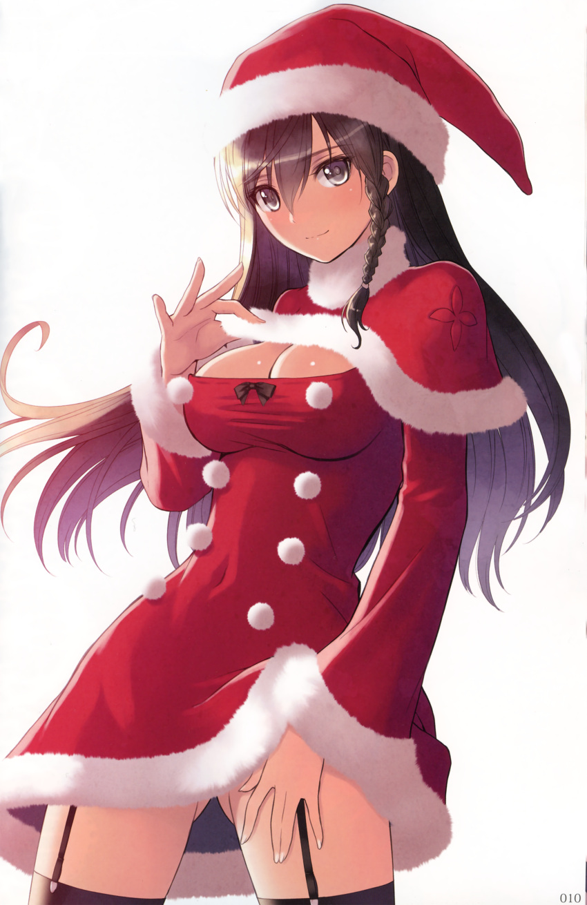 1girl absurdres artist_name black_legwear braid breasts cleavage cowboy_shot dated english garter_straps hair_between_eyes hand_on_own_thigh hat highres long_hair looking_at_viewer original santa_costume santa_hat shiny shiny_skin signature simple_background single_braid skirt skirt_lift smile solo tanaka_takayuki thigh-highs white_background