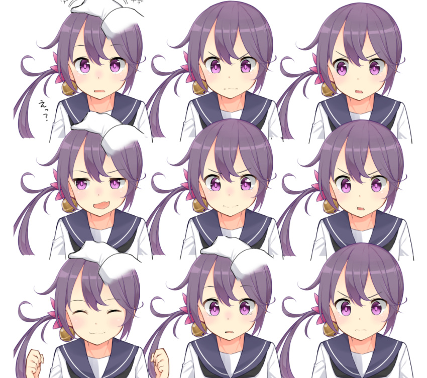 1girl :3 ^_^ admiral_(kantai_collection) akebono_(kantai_collection) averting_eyes bell closed_eyes flower furrowed_eyebrows gloves hair_bell hair_flower hair_ornament happy jingle_bell kantai_collection max_melon_teitoku neckerchief open_mouth petting pov sailor_collar school_uniform serafuku side_ponytail simple_background tears upper_body violet_eyes wavy_mouth white_background white_gloves