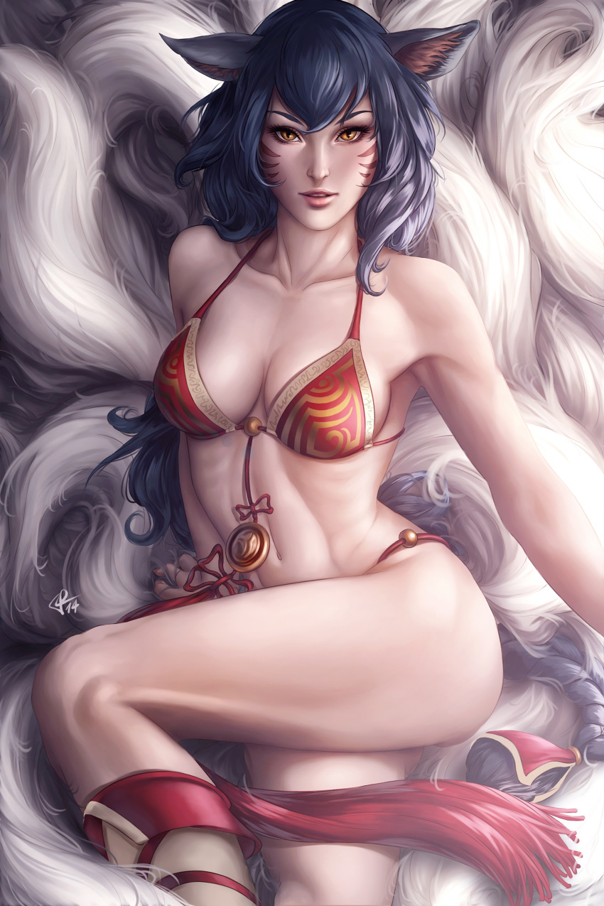 1girl absurdres ahri aivablue animal_ears bikini black_hair boots breasts cleavage collarbone cowboy_shot eyelashes fox_ears fox_tail highres league_of_legends lips long_hair looking_at_viewer multiple_tails navel nose orange_eyes parted_lips realistic red_bikini ribbon slit_pupils smile solo swimsuit tail tassel