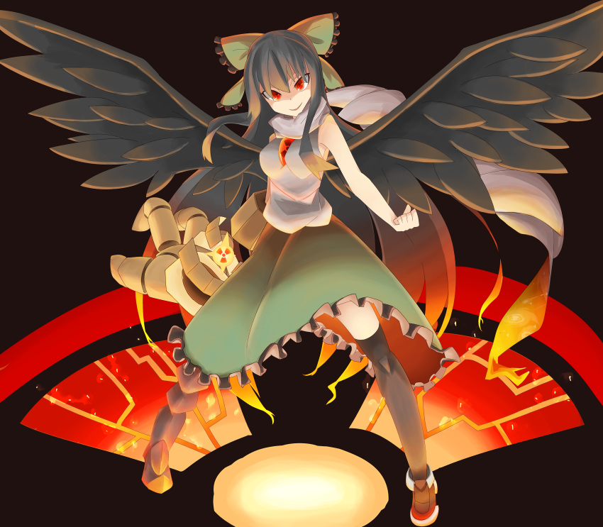1girl absurdres arm_cannon black_hair black_legwear blouse bow clenched_hand grin hair_bow highres long_hair looking_at_viewer mechanical_arm radiation_symbol red_eyes reiuji_utsuho scarf shoes skirt sleeveless smile solo thigh-highs third_eye tokoname touhou weapon wide_stance wings