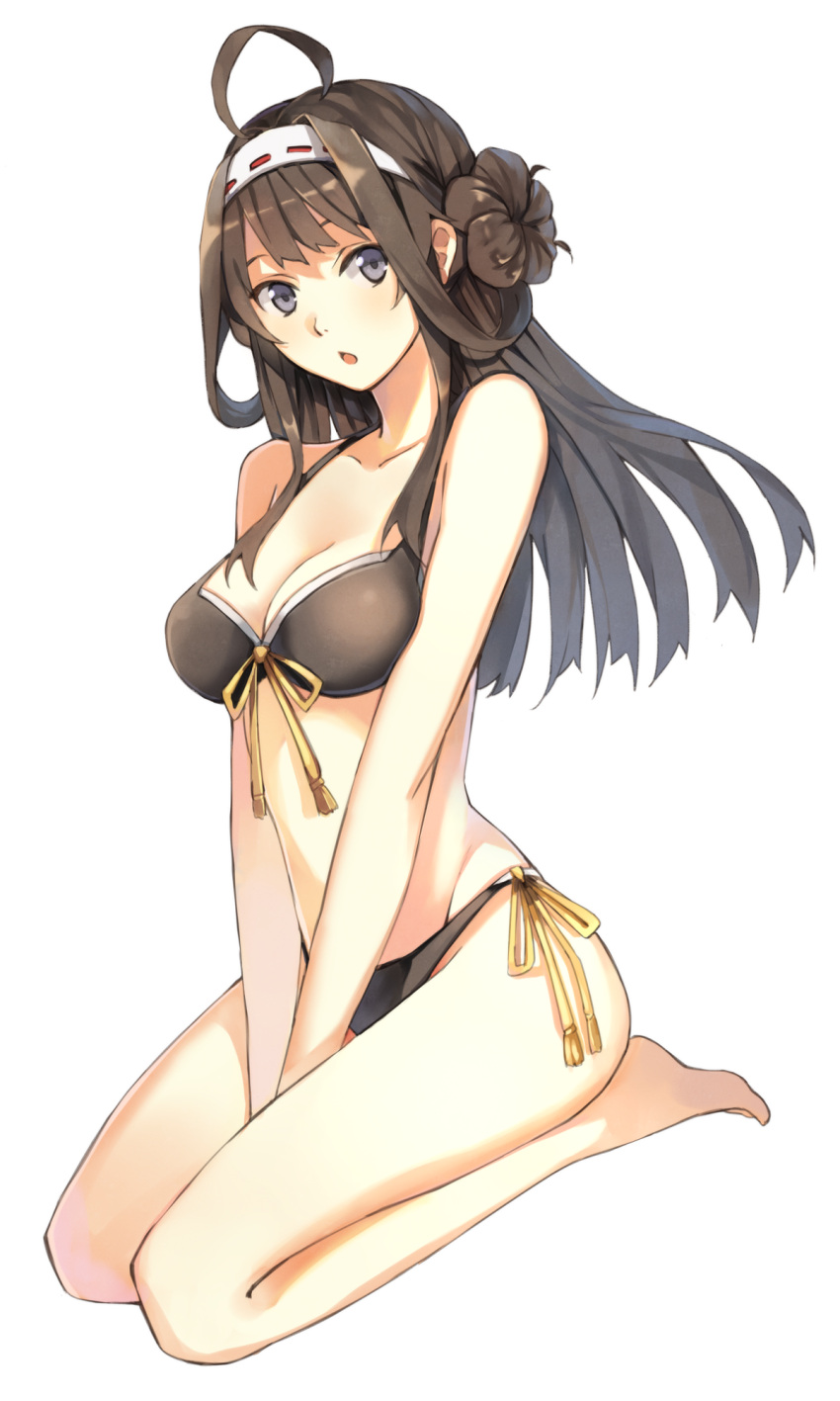 1girl ahoge bent_knees bikini black_bikini black_eyes blush bow breasts brown_hair cleavage collarbone double_bun folded_hair front-tie_bikini front-tie_top full_body hairband hao_(patinnko) highres kantai_collection kongou_(kantai_collection) long_hair looking_at_viewer looking_to_the_side no_headwear open_mouth seiza side-tie_bikini simple_background sitting solo swimsuit v_arms white_background