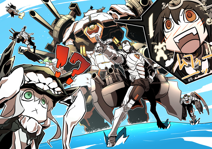 !? &gt;:d 2girls :d :x brown_eyes brown_hair cannon commentary_request crossover flying fusou_(kantai_collection) gangure_(disemboweled) green_eyes hand_on_hip haruna_(kantai_collection) headgear highres iron_man kantai_collection kongou_(kantai_collection) marvel mecha multiple_girls nagato_(kantai_collection) ocean open_mouth perspective pointing pointing_forward power_armor shinkaisei-kan silhouette size_difference smile standing standing_on_head standing_on_water turret walking walking_on_water white_hair wo-class_aircraft_carrier yamashiro_(kantai_collection)