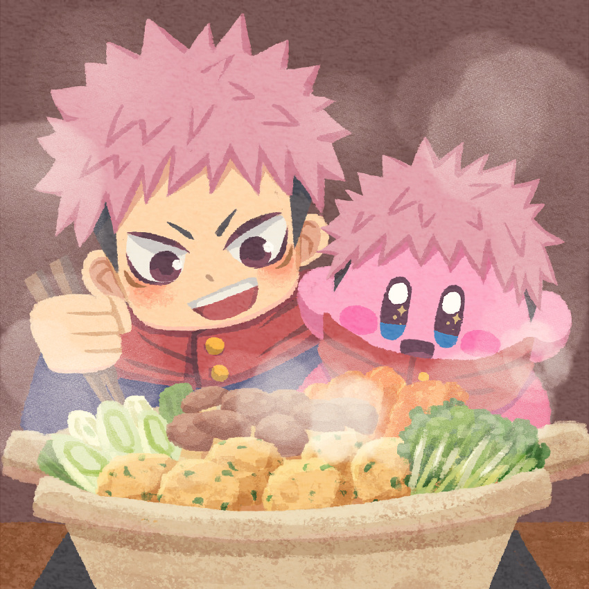 black_hair blush brown_eyes chopsticks clenched_hand copy_ability food food_focus highres hot itadori_yuuji jacket jujutsu_kaisen kirby kirby_(series) long_sleeves miclot multicolored_hair nabe open_mouth pink_hair pot scarf sparkling_eyes spiky_hair steam teeth tongue undercut upper_body