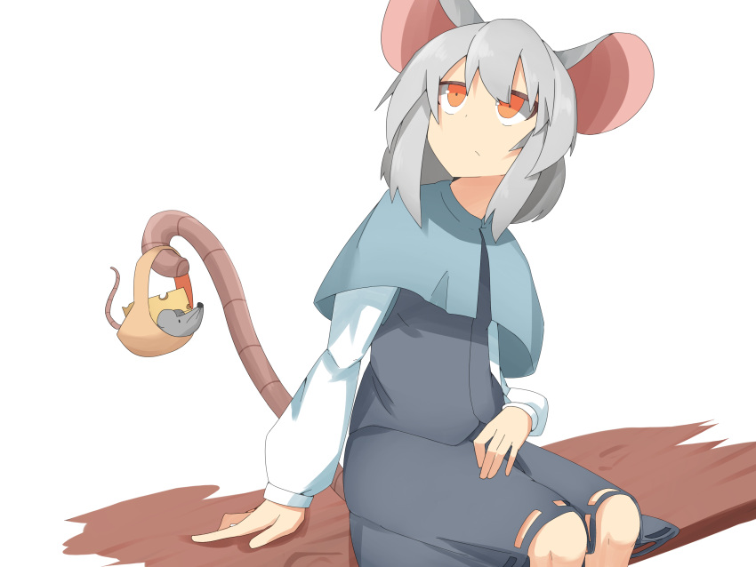 1girl absurdres animal_ears basket blouse capelet cheese expressionless grey_hair highres long_sleeves looking_up mouse mouse_ears mouse_tail nazrin orange_eyes prehensile_tail short_hair sitting skirt skirt_set solo tail tail_hold tokoname touhou vest white_background