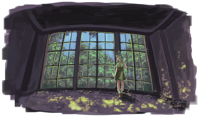 1girl animal_ears blue_sky brown_shoes capelet commentary_request cutout dappled_sunlight dress expressionless green_dress hand_in_hair indoors jewelry kabu_(yuyuibob) looking_out_window mouse_ears mouse_tail nazrin pendant puffy_short_sleeves puffy_sleeves red_eyes room ruins shadow short_sleeves silver_hair sky socks solo standing tail touhou tree white_background window