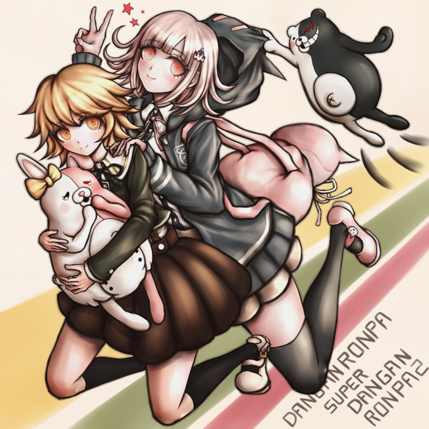 1boy 1girl backpack bag blush copyright_name dangan_ronpa ears flipped_hair fujisaki_chihiro hair_ornament hairclip hand_on_shoulder highres hoodie kneehighs mary_janes monokuma monomi_(dangan_ronpa) nanami_chiaki orange_eyes orange_hair oyume pink_eyes pink_hair pleated_skirt shoes short_hair skirt smile star super_dangan_ronpa_2 tears thighhighs trap v