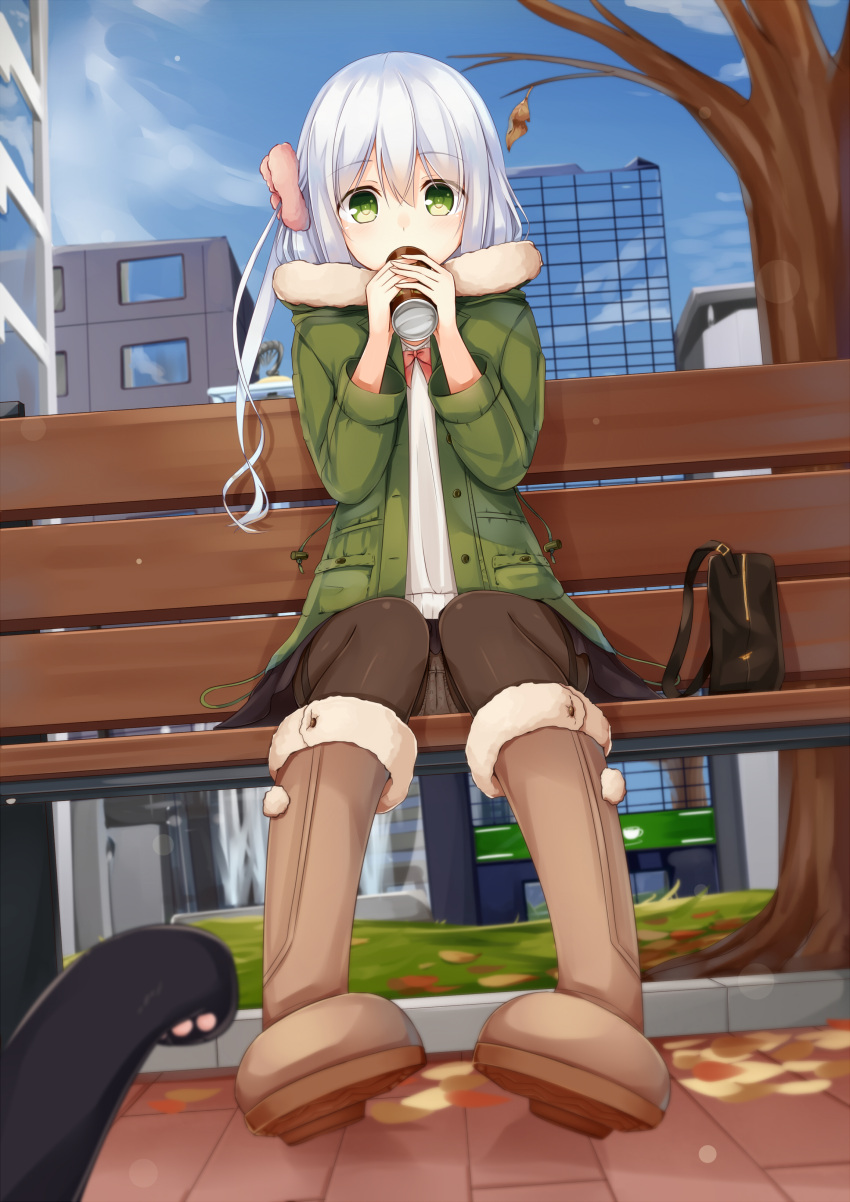 1girl absurdres autumn bag black_skirt blue_sky boots brown_boots building canned_coffee cat city coat covering_mouth fur_boots fur_coat fur_trim green_eyes highres looking_at_viewer miniskirt original panties panties_under_pantyhose pantyhose pantyshot pantyshot_(sitting) park_bench side_ponytail silver_hair sitting skirt sky tsuchikure_(3105mitoko) underwear