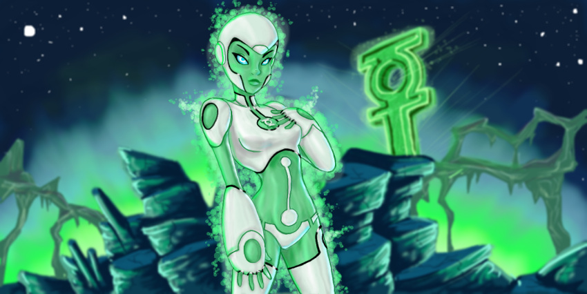 1girl android aura aya_(green_lantern) blue_eyes blue_sclera dc_comics glowing glowing_eyes green_lantern_corps green_skin helmet justice_league robot_girl rubtox solo