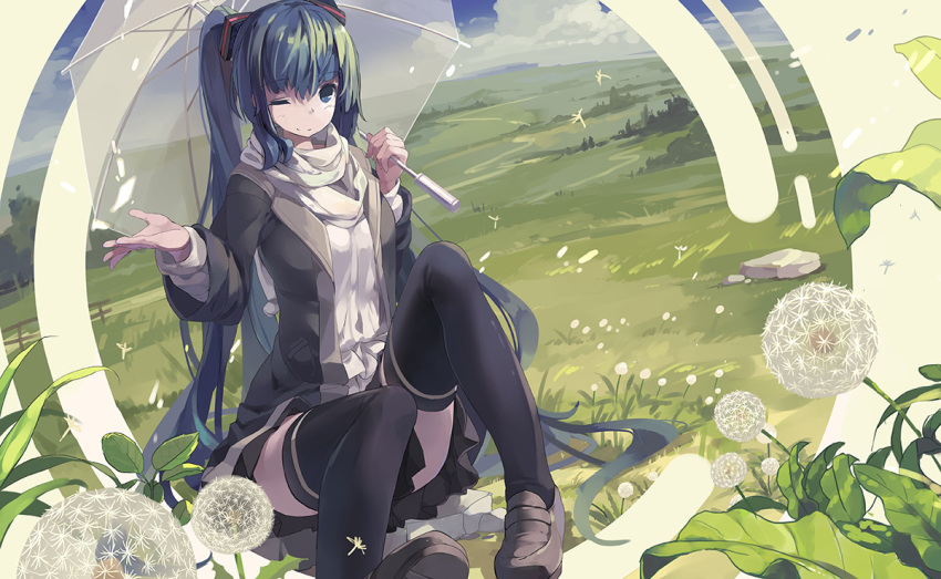 1girl dandelion flower grass hatsune_miku huanxiang_huifeng loafers long_hair one_eye_closed shoes sitting skirt solo thigh-highs twintails umbrella vocaloid