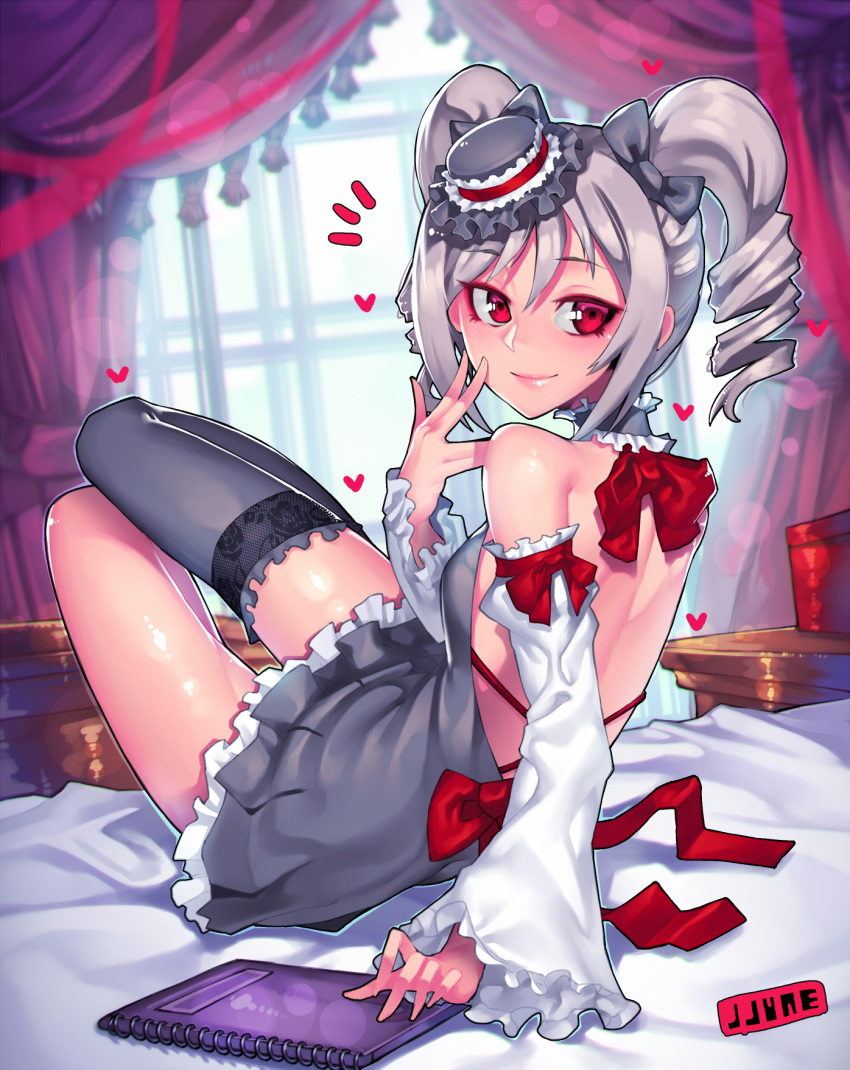 1girl back backless_dress backless_outfit bad_id bad_pixiv_id bare_shoulders bed black_dress black_thighhighs choker curtains detached_sleeves dress drill_hair grey_hair hat heart highres idolmaster idolmaster_cinderella_girls jjune kanzaki_ranko long_sleeves looking_at_viewer looking_back mini_hat mini_top_hat on_bed panties pink_eyes ribbon_choker single_thighhigh sitting smile solo thighhighs top_hat twin_drills twintails underwear wide_sleeves wind