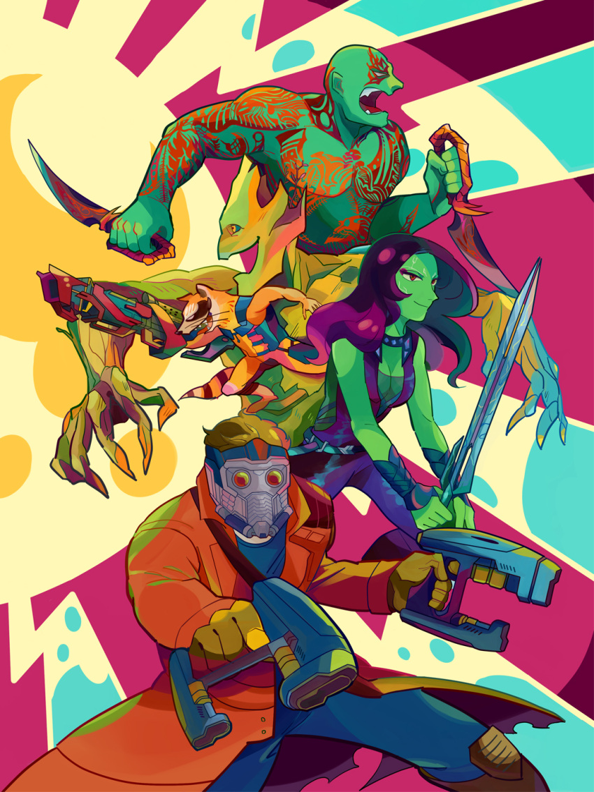 colorful drax_the_destroyer fujimayo gamora groot guardians_of_the_galaxy gun highres marvel mask peter_quill rocket_raccoon sword weapon