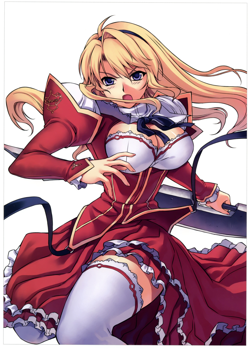1girl absurdres bangs blonde_hair blue_eyes blush bow breasts cleavage cleavage_cutout detached_sleeves dress freezing frilled_skirt frills hair_between_eyes hairband highres kim_kwang_hyun lace lace-trimmed_shirt large_breasts long_hair long_skirt long_sleeves no_bra official_art open_mouth parted_bangs parted_lips puffy_long_sleeves puffy_sleeves satellizer_el_bridget scan school_uniform shirt skirt sleeves_past_wrists solo sword thigh-highs turtleneck weapon white_legwear