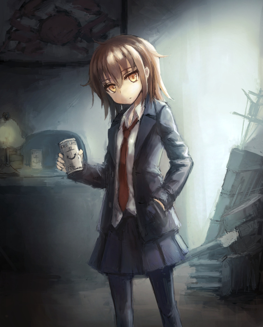 1girl black_legwear black_skirt blazer brown_eyes brown_hair canned_coffee collared_shirt departed hand_in_pocket head_tilt highres kantai_collection looking_at_viewer machinery necktie office open_blazer open_clothes pantyhose pleated_skirt school_uniform short_hair skirt solo wakaba_(kantai_collection)