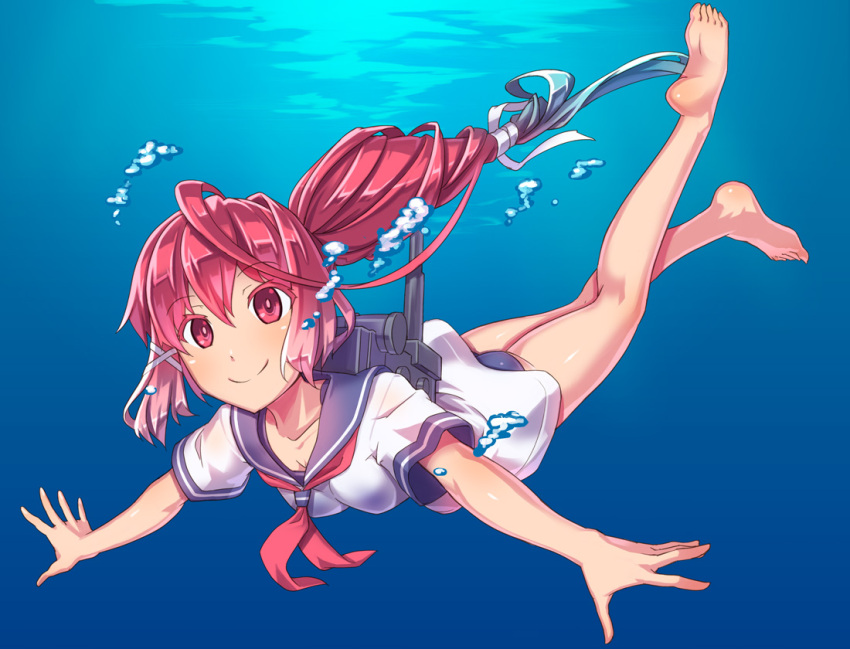 1girl ahoge air_bubble barefoot gradient_hair huge_ahoge i-58_(kantai_collection) kantai_collection legs long_hair long_legs low-tied_long_hair multicolored_hair outstretched_arms pink_eyes pink_hair ponytail school_swimsuit school_uniform serafuku smile soles solo spread_arms swimming swimsuit underwater yukimura_tsubame