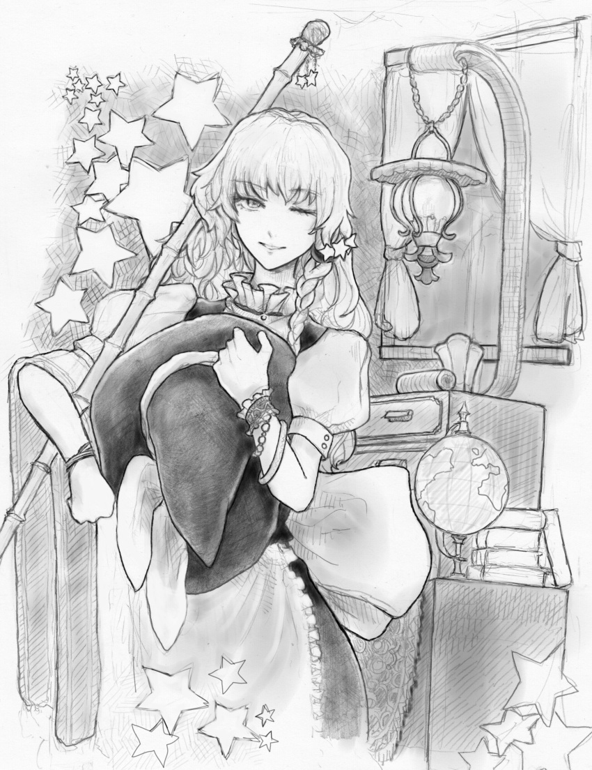 1girl absurdres apron blouse book bow bracelet braid broom cowboy_shot curtains dole drawer eyelashes frilled_collar globe hair_ornament hat hat_bow hat_removed headwear_removed highres holding holding_hat jewelry kirisame_marisa lamp lips long_hair monochrome side_braid skirt smile solo star star_hair_ornament touhou vest window winking witch_hat wrist_cuffs