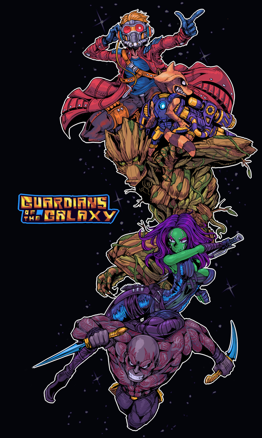 absurdres dagger drax_the_destroyer gamora groot guardians_of_the_galaxy gun highres marvel peter_quill reverse_grip rocket_raccoon tagane weapon