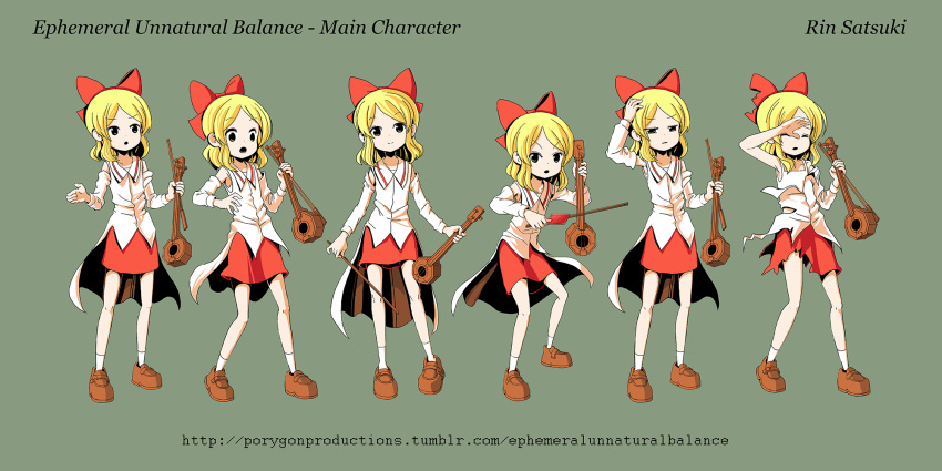 1girl blonde_hair bow character_name character_sheet commentary detached_sleeves erhu expressions green_background hair_bow highres instrument mary_janes open_mouth satsuki_rin shoes simple_background sixten skirt sleeveless solo torn_clothes touhou yellow_eyes
