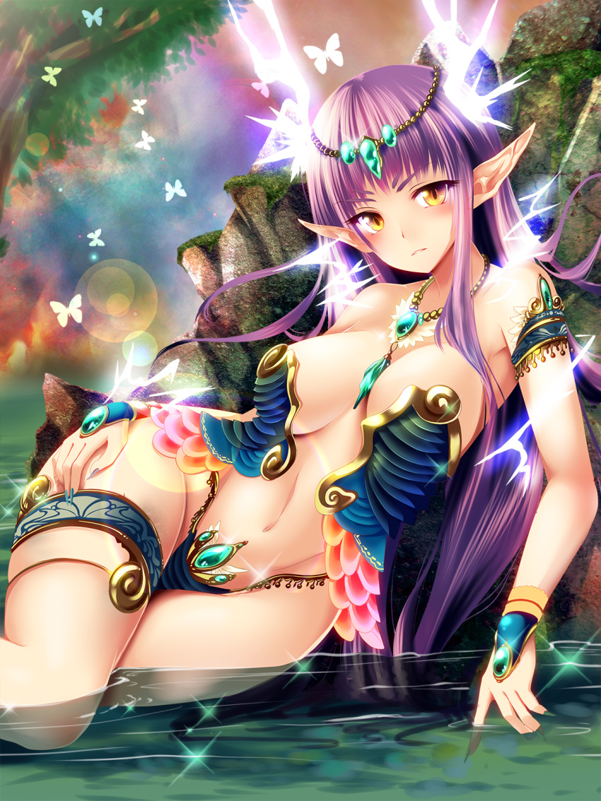 1girl akira_b armor bikini_armor breasts butterfly highres long_hair looking_at_viewer lying_on_water midriff navel off_shoulder original outdoors parted_lips pink_hair pointy_ears sitting_on_rock solo tiara yellow_eyes