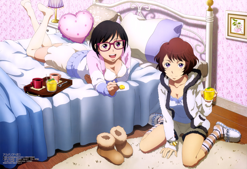 2girls :d absurdres aldnoah.zero artist_request bangs bed bedroom black_hair boots_removed bracelet breasts brown_hair cleavage coffee coffee_mug collarbone company_name food glasses highres hood_down hoodie indoors jewelry kneehighs lamp long_sleeves looking_at_viewer lying multiple_girls on_bed on_floor on_stomach open_mouth over-kneehighs picture_(object) pillow rug short_hair shorts sitting slippers smile source_request spoon striped striped_legwear swept_bangs thigh-highs tray violet_eyes wariza watermark white_legwear wooden_floor