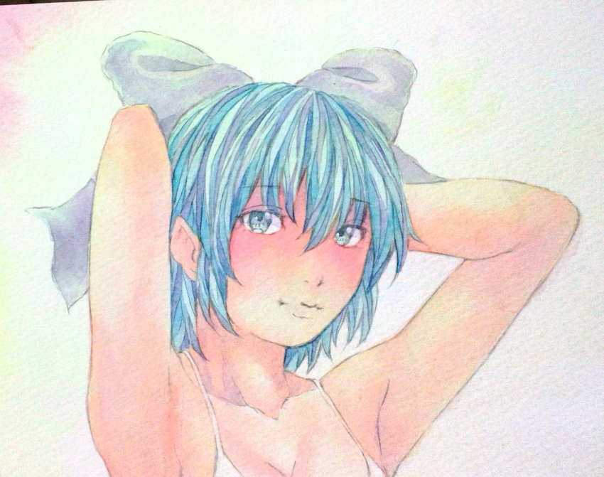 1girl armpits arms_behind_head blue_eyes blue_hair bow breasts cirno cleavage collarbone dress grey_background hair_bow lips looking_at_viewer portrait short_hair solo spaghetti_strap touhou traditional_media watercolor_(medium) white_dress yuyu_(00365676)