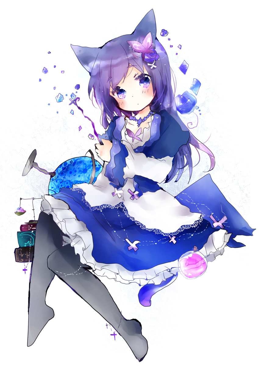 animal_ears black_legwear book_stack butterfly_hair_ornament cat_ears cat_tail dress flower frilled_dress frills globe hair_flower hair_ornament hairclip highres jewelry long_sleeves looking_at_viewer necklace no_shoes original pantyhose purple_hair scales sitting tail tsukiyo_(skymint) vial violet_eyes