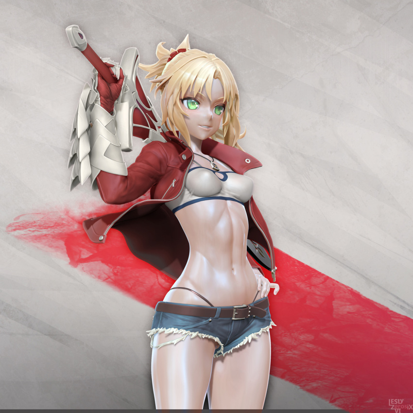 1girl 3d bare_thighs belt black_panties black_thong blonde_hair bracelet breasts denim denim_shorts fate/apocrypha fate_(series) green_eyes grin hand_on_hip highleg highleg_panties highleg_thong highres holding holding_sword holding_weapon jacket jewelry leslyzerosix looking_at_viewer midriff mordred_(fate) mordred_(fate)_(all) navel necklace over_shoulder panties ponytail shorts small_breasts smile solo sword sword_over_shoulder teeth thighs thong underwear weapon weapon_over_shoulder