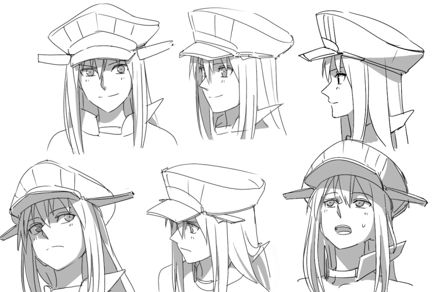 1girl bismarck_(kantai_collection) expressions greyscale hat kantai_collection kinosuke_(sositeimanoga) long_hair monochrome multiple_views open_mouth peaked_cap simple_background solo sweat white_background
