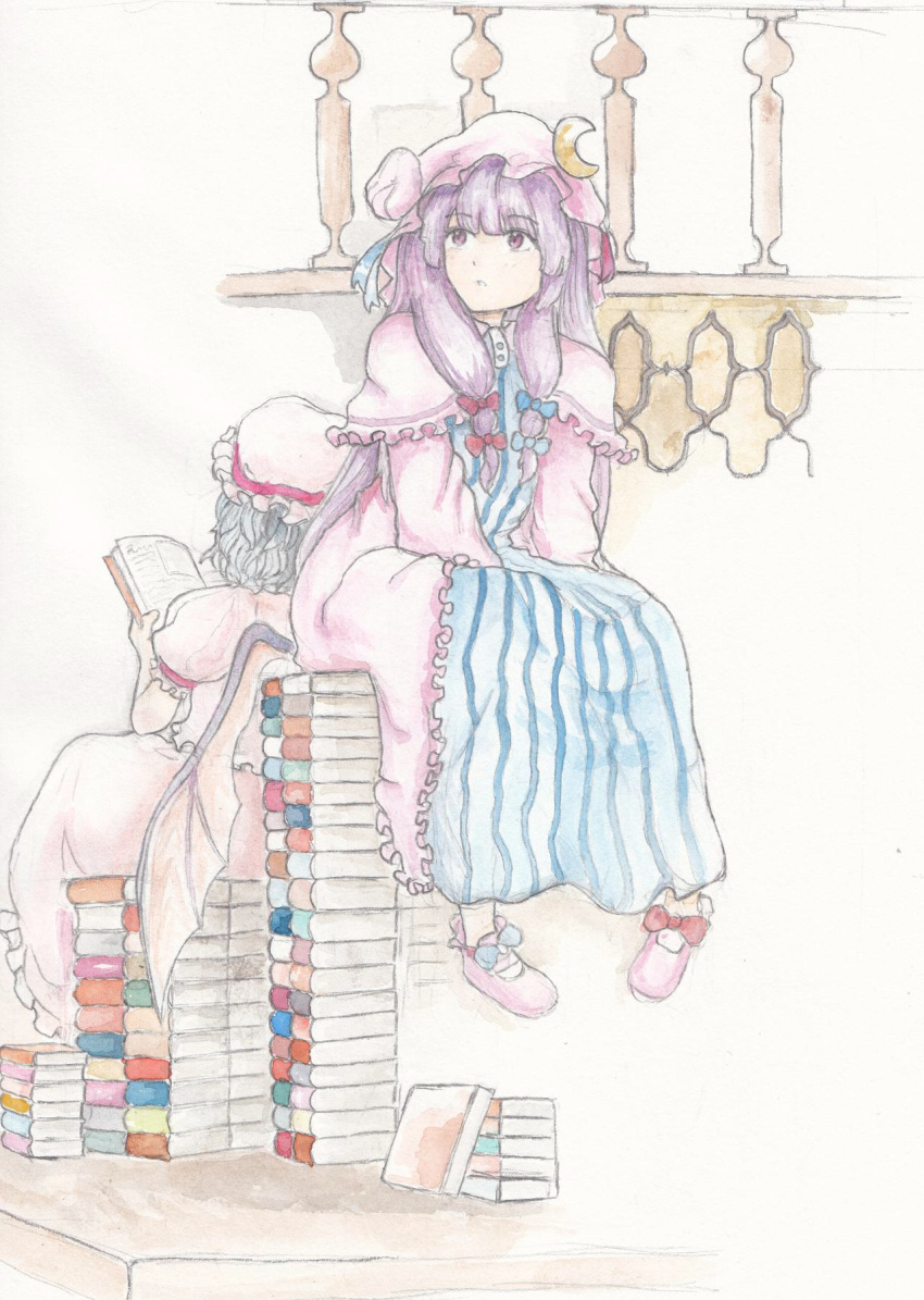 2girls back-to-back bat_wings blouse blue_hair book_stack capelet crescent_moon dole highres long_hair looking_away mob_cap moon multiple_girls pajamas patchouli_knowledge purple_hair railing reading remilia_scarlet shoes short_hair sitting_on_books skirt striped touhou traditional_media violet_eyes wings