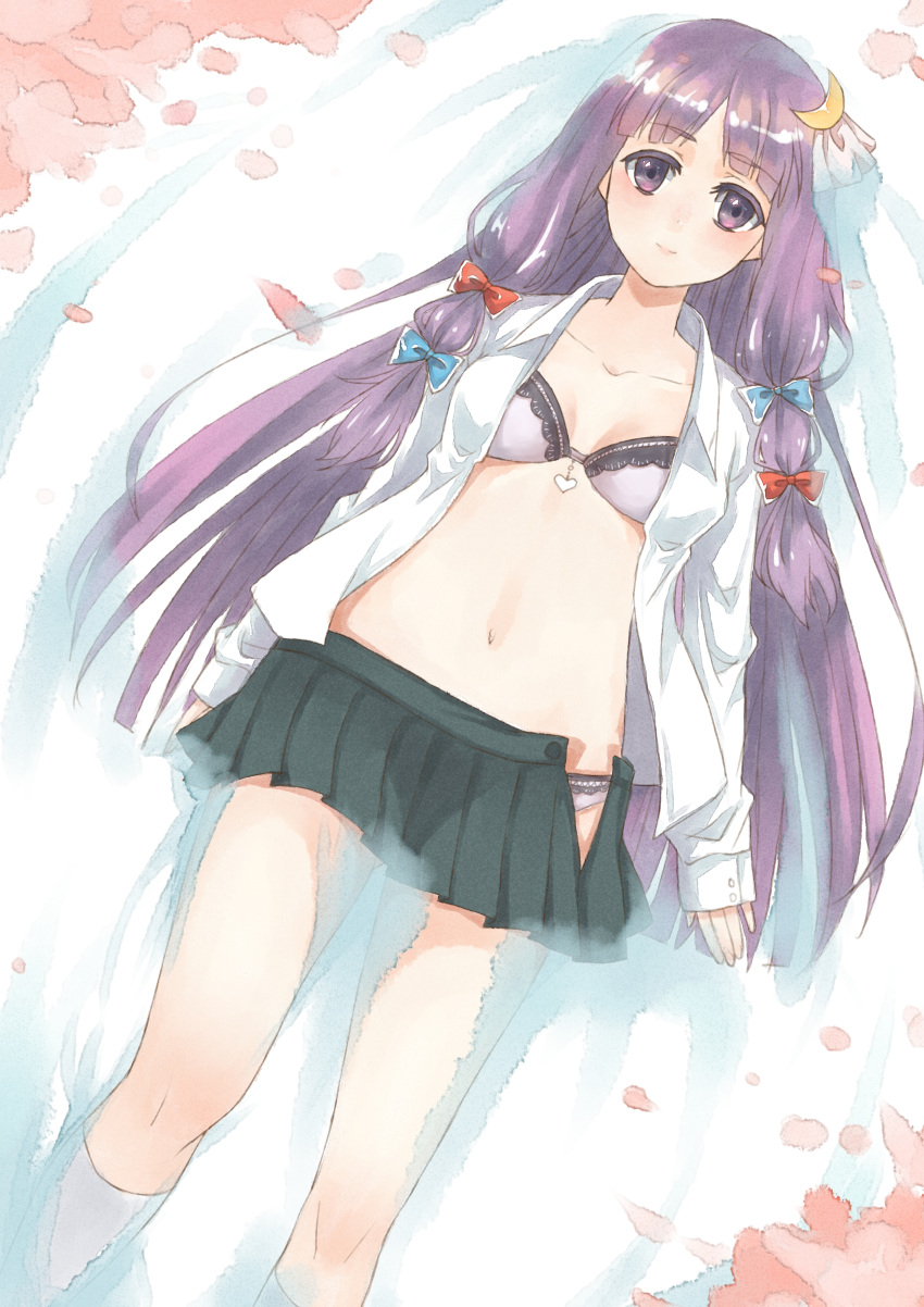 1girl absurdres bra crescent_hair_ornament dress_shirt hair_ornament hair_ribbon heart highres long_hair looking_at_viewer lying on_back open_clothes open_shirt patchouli_knowledge pleated_skirt purple_bra purple_hair ribbon sela shirt skirt smile solo touhou unbuttoned underwear violet_eyes water