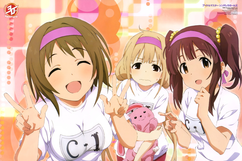 3girls absurdres anno_masato brown_eyes brown_hair closed_eyes futaba_anzu gym_uniform hairband highres idolmaster idolmaster_cinderella_girls kubota_aya mimura_kanako morita_mayu multiple_girls newtype official_art ogata_chieri open_mouth stuffed_animal stuffed_toy v