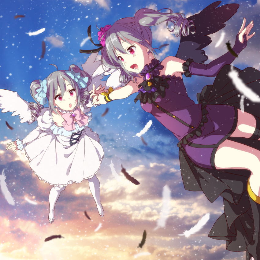 1girl alternate_color angel_wings dress drill_hair dual_persona feathers highres holding_hands idolmaster idolmaster_cinderella_girls kanzaki_ranko kotori_(gokigen_iori) long_hair open_mouth red_eyes silver_hair twin_drills twintails wings