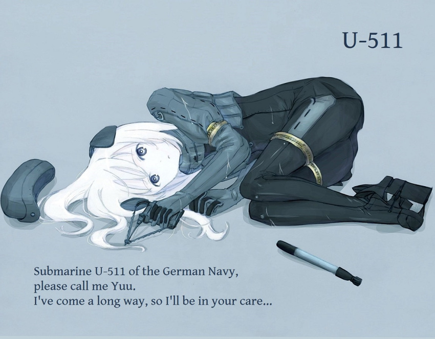 1girl :c blue_background character_name cropped_jacket english fetal_position full_body garrison_cap gloves hat hat_removed headwear_removed kantai_collection knees_together_feet_together long_hair looking_at_viewer lying military military_uniform monochrome on_side pale_skin simesabaikka simple_background solo spot_color torpedo u-511_(kantai_collection) uniform wet wet_clothes