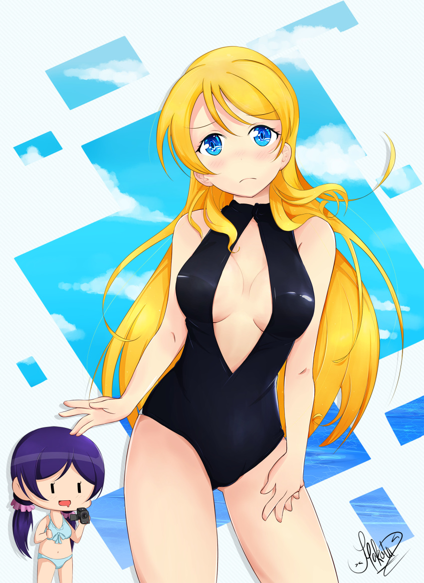 2girls ayase_eli bikini blonde_hair blue_eyes blush breasts camcorder cleavage cleavage_cutout contrapposto drooling ehoumaki embarrassed filming food front_zipper_swimsuit highres long_hair love_live!_school_idol_project low_twintails makizushi multiple_girls one-piece_swimsuit open_mouth purple_hair sushi swimsuit thumbs_up toujou_nozomi twintails