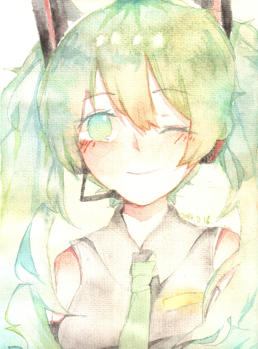 1girl 2014 absurdres aqua_eyes aqua_hair blush collarbone collared_shirt dated dr._kaso face hatsune_miku headset highres light_smile long_hair looking_at_viewer necktie one_eye_closed portrait solo traditional_media twintails vocaloid watercolor_(medium)