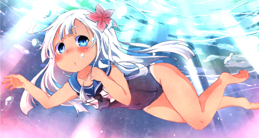 1girl crop_top flower hair_flower hair_ornament highres kantai_collection long_hair mochizuki_usagi ro-500_(kantai_collection) sailor_collar school_swimsuit swimming swimsuit swimsuit_under_clothes tan tanline underwater white_hair |_|