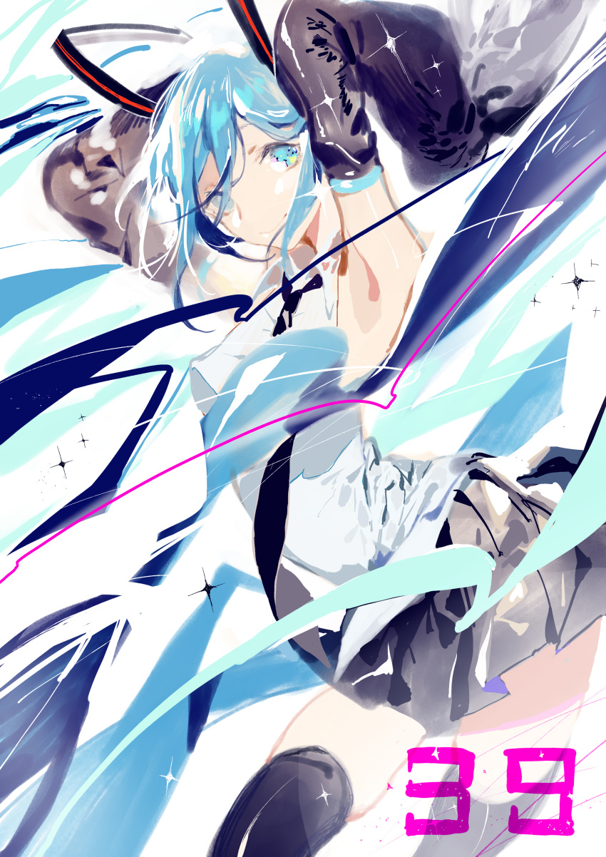 1girl 39 absurdres armpits arms_behind_head aya_(547972106) blue_eyes blue_hair detached_sleeves hatsune_miku highres looking_at_viewer smile solo thigh-highs twintails vocaloid