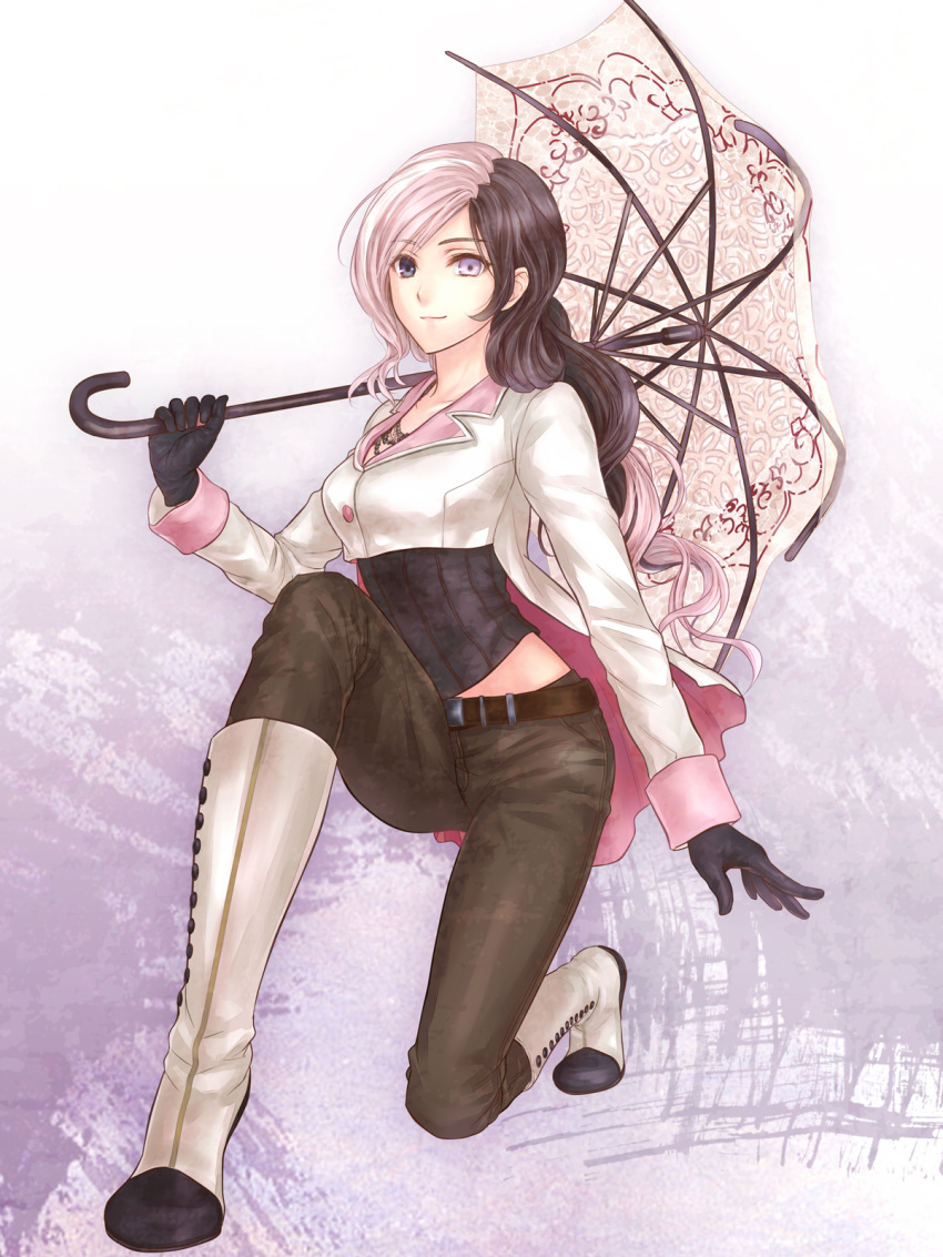 1girl belt breasts brown_hair gloves heterochromia highres hitoha light_smile multicolored_hair neo_(rwby) pink_eyes pink_hair rwby solo two-tone_hair umbrella