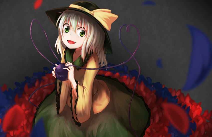 1girl baram eyeball from_above green_eyes green_hair grey_background hat hat_ribbon heart heart_of_string highres holding komeiji_koishi long_sleeves looking_at_viewer looking_up open_mouth petals ribbon skirt smile solo third_eye touhou upper_body wide_sleeves