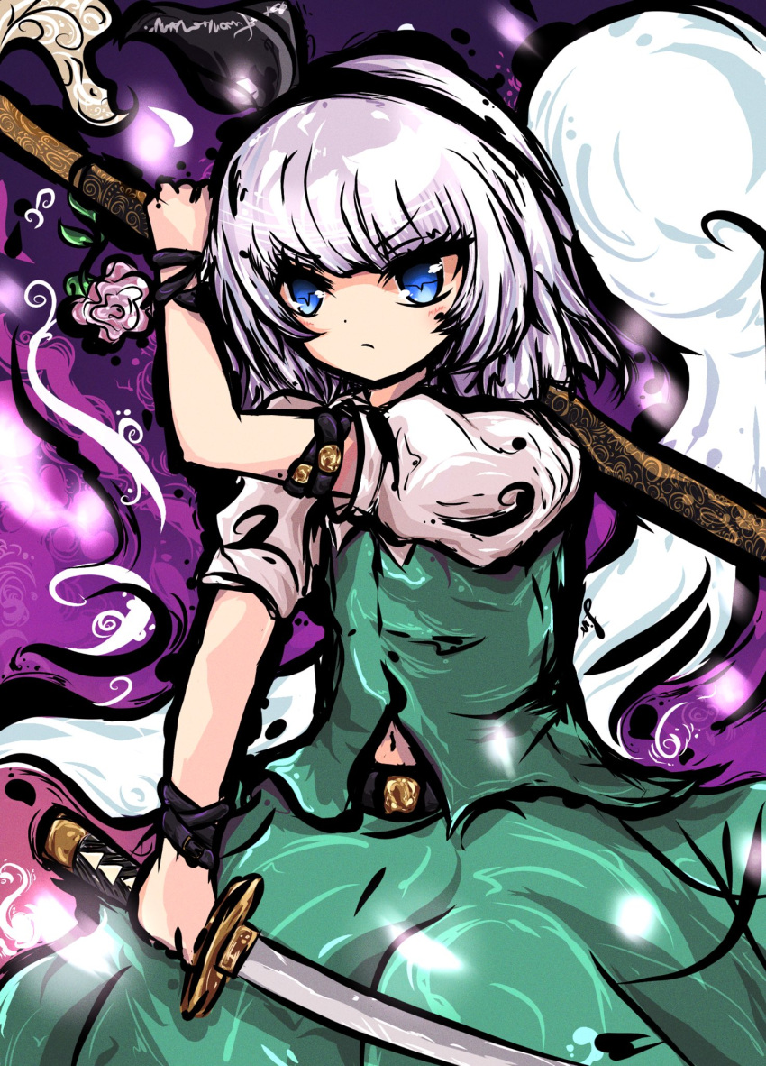 1girl bangs black_hairband blue_eyes closed_mouth cowboy_shot english_commentary eyebrows_visible_through_hair flower ghost gradient gradient_background green_skirt green_vest hairband highres holding holding_sword holding_weapon konpaku_youmu konpaku_youmu_(ghost) lis multiple_swords navel pink_flower purple_background shirt short_hair short_sleeves skirt solo standing sword touhou touhou_gouyoku_ibun v-shaped_eyebrows vest weapon white_hair white_shirt