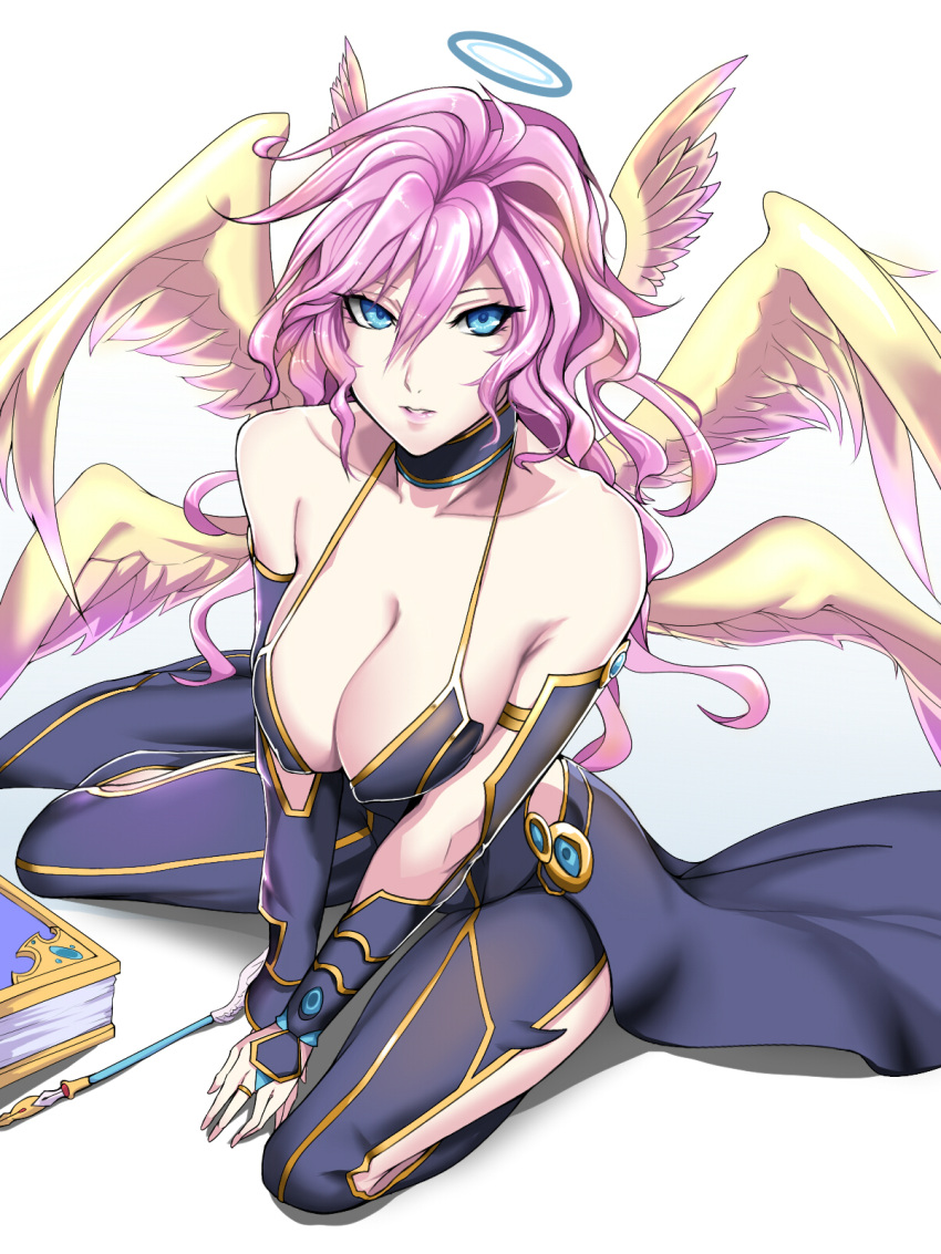 1girl angel archangel_metatron_(p&amp;d) bare_shoulders blue_eyes book breasts choker highres jewelry kumiko_(aleron) lips long_hair low_wings pink_hair puzzle_&amp;_dragons ring simple_background sitting solo wariza white_background wings