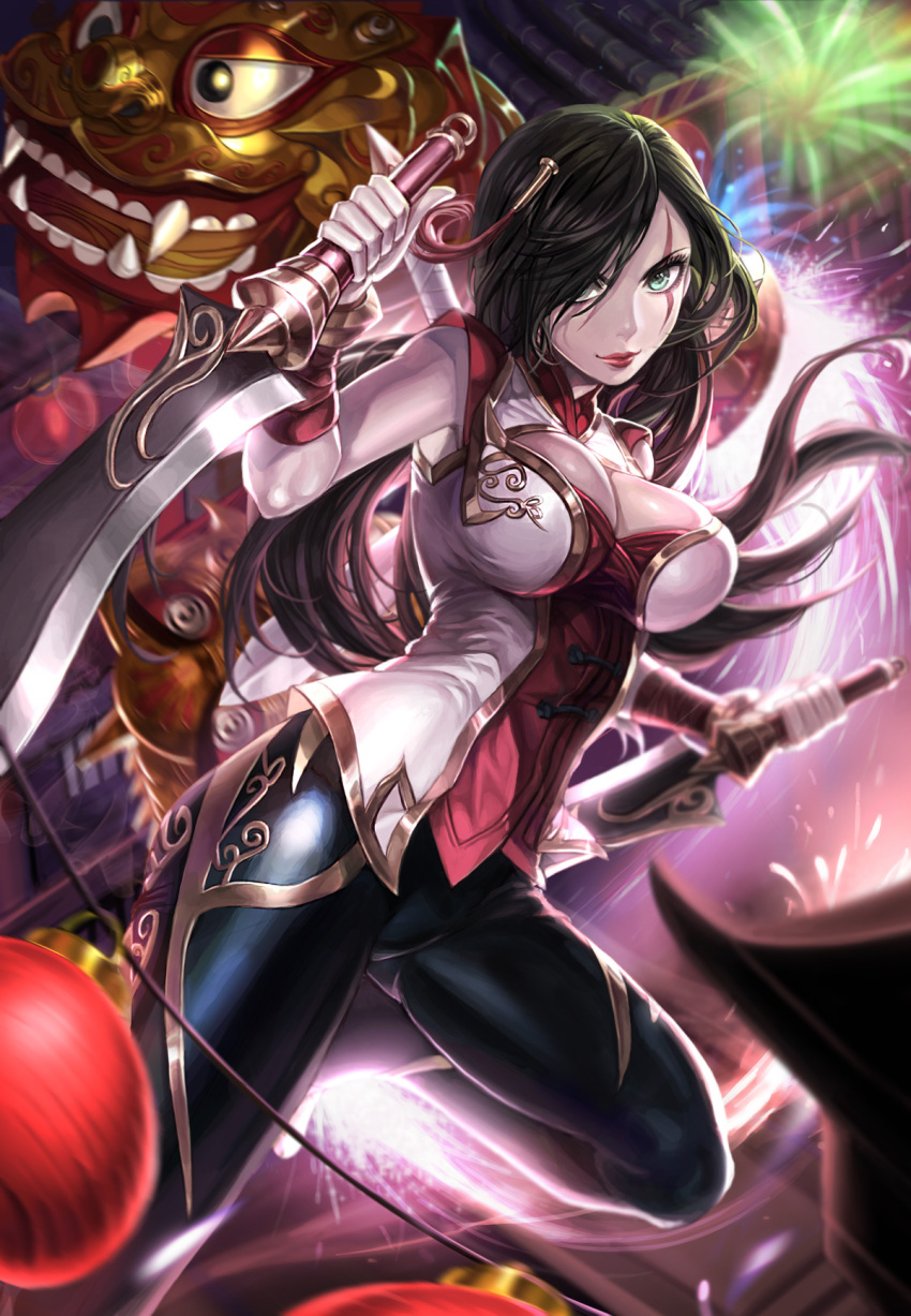 1girl alternate_costume alternate_hair_color black_hair box_(hotpppink) breasts chinese_new_year cleavage_cutout fireworks green_eyes hair_over_one_eye highres katarina_du_couteau lantern large_breasts league_of_legends lion_dance lipstick long_hair looking_at_viewer makeup paper_lantern scar scar_across_eye solo sword weapon
