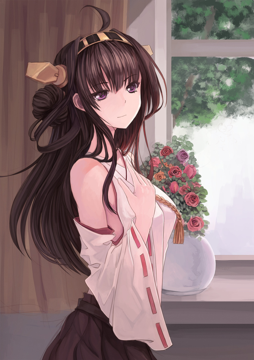 1girl ahoge brown_hair detached_sleeves flower hairband highres japanese_clothes kantai_collection kongou_(kantai_collection) long_hair nontraditional_miko solo youxuemingdie
