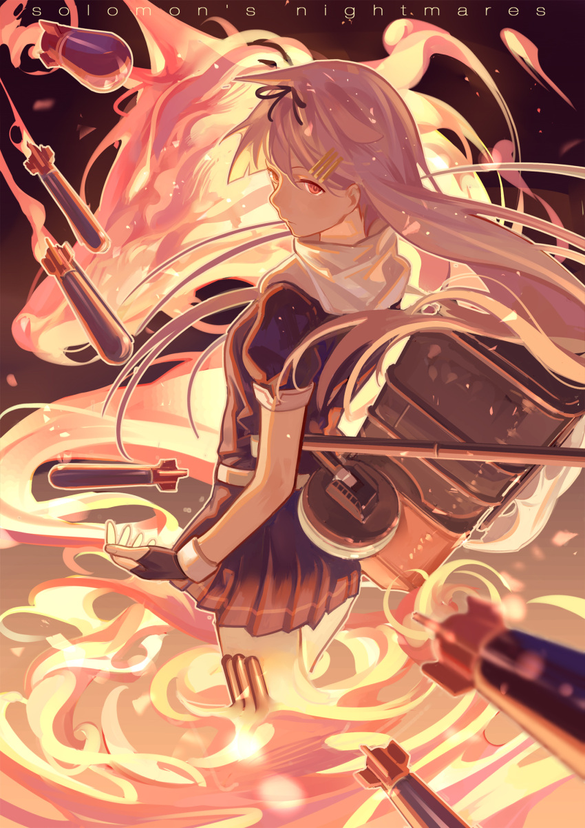 1girl belt black_dress black_gloves dress fingerless_gloves fire flame gloves hair_ornament hairclip highres kantai_collection long_hair machinery pink_eyes pleated_skirt puffy_short_sleeves puffy_sleeves scarf short_sleeves silver_hair skirt solo torpedo very_long_hair yuudachi_(kantai_collection) zicai_tang