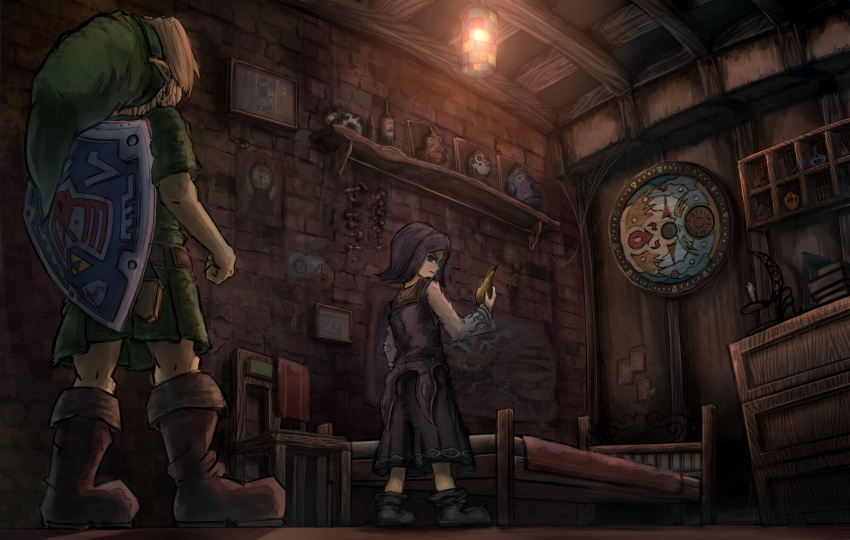 2boys bed belt blonde_hair boots chair hat highres indoors kafei link majora's_mask mask mask_removed multiple_boys picture_(object) pointy_ears purple_hair shield shiimo silk spider_web sword the_legend_of_zelda weapon