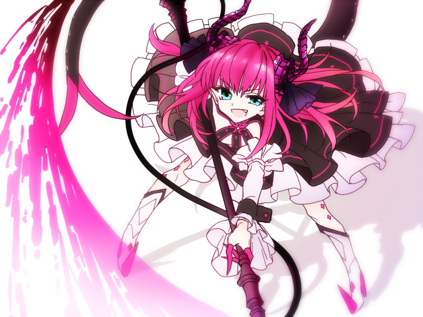 &gt;:d 1girl :d asymmetrical_horns blue_eyes boots cccbast claws detached_sleeves diamond_(shape) dress fang fate/extra fate/extra_ccc fate_(series) frills high_heel_boots high_heels holding horns lancer_(fate/extra_ccc) long_hair open_mouth pink_hair pink_nails polearm smile solo spear tail weapon