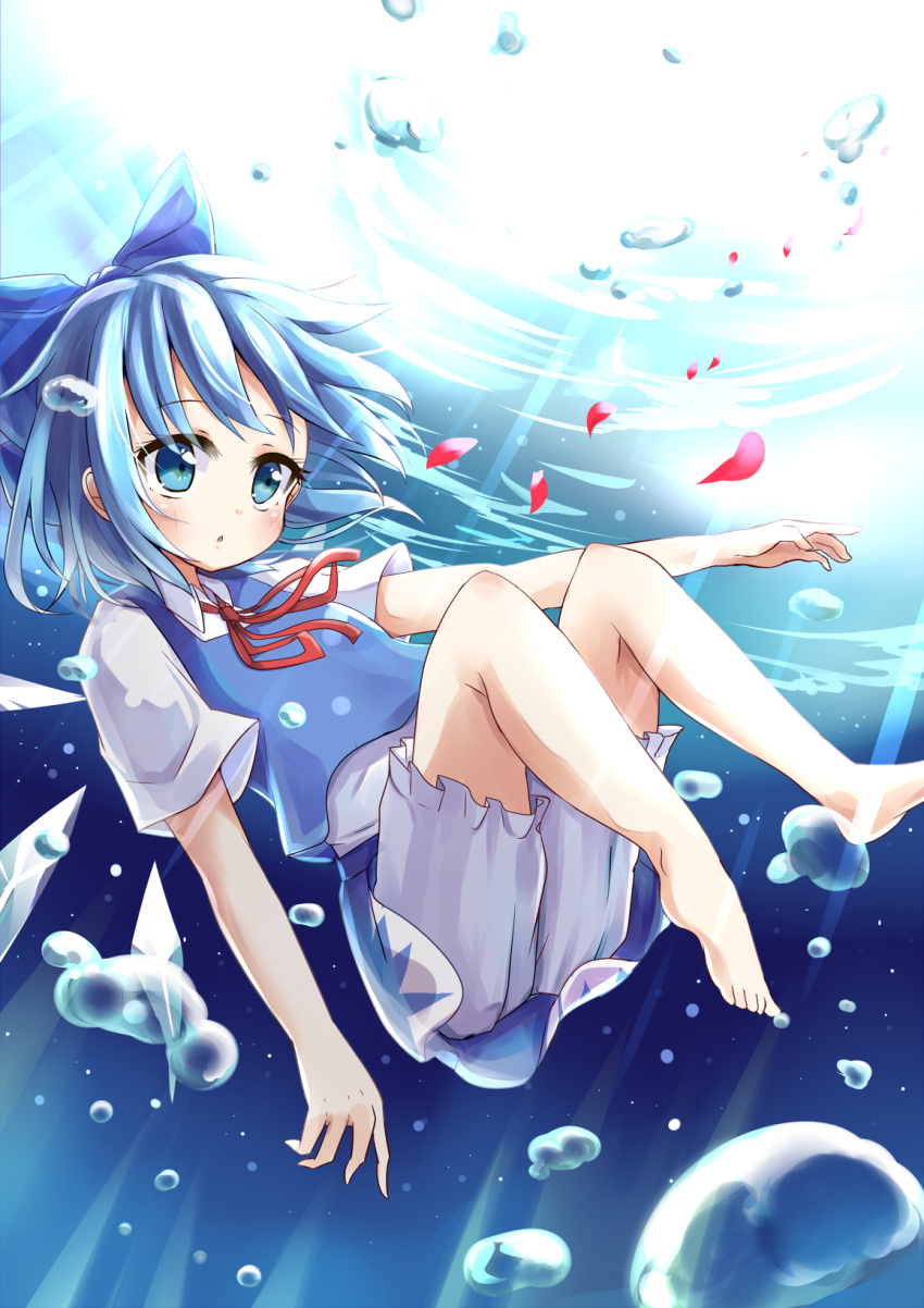 1girl barefoot bloomers blue_eyes blue_hair bow bubble cirno hair_bow highres ice ice_wings petals shirt short_sleeves skirt skirt_set solo soramuko touhou underwater underwear upskirt vest wings