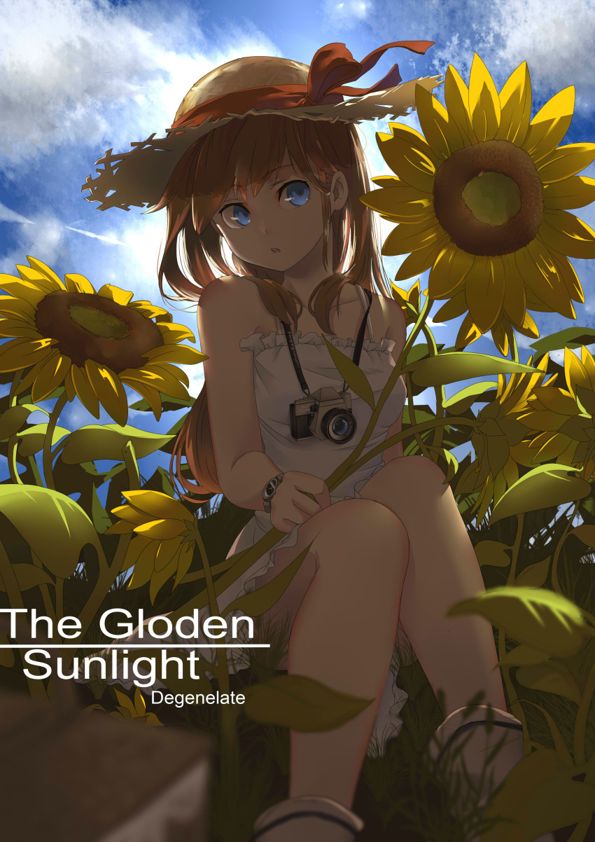 absurdres bare_arms blue_eyes blurry camera depth_of_field dress flower hat hat_ribbon highres holding holding_flower long_hair looking_to_the_side orange_hair original outdoors ribbon rukousou_no_hana sitting sky straw_hat sundress sunflower watch watch white_dress